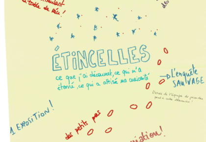 schéma et nuage de mots sur feuille jaune