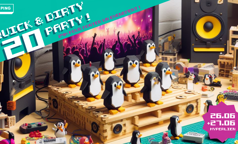 Affiche avec visuel réalisé avec l'IA : pingouins faisant la fête dans un fablab, style 8bit