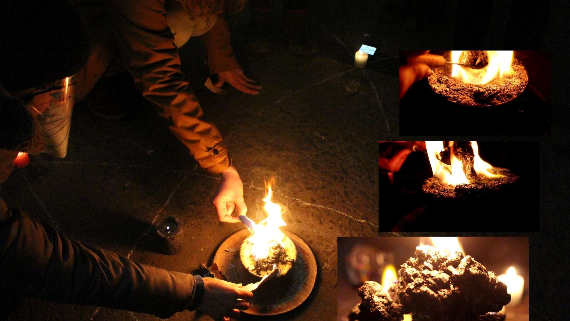 deux mains s'approche d'un petit bol avec des flammes